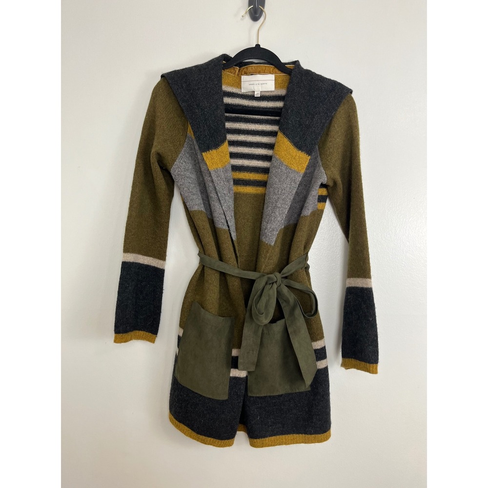 Angel of the North Anthropologie Cardigan XSP Green Striped Lambswool Belted